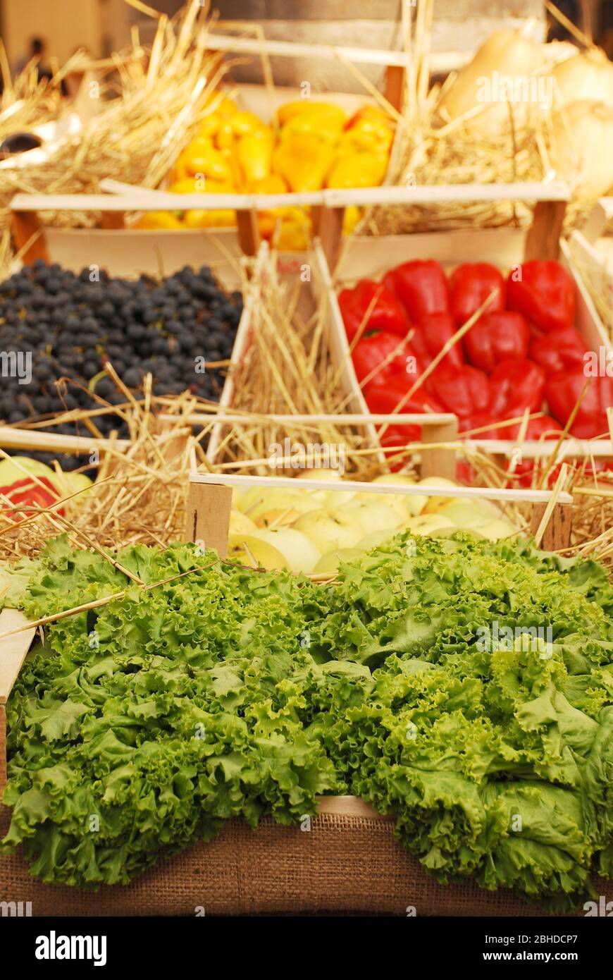 Eine Schachtel Salat im Vordergrund einer Ausstellung von Obst und Gemüse aus dem lokalen Anbau während der jährlichen Feier Friuli Doc (Udine) 2011 der lokalen Stockfoto