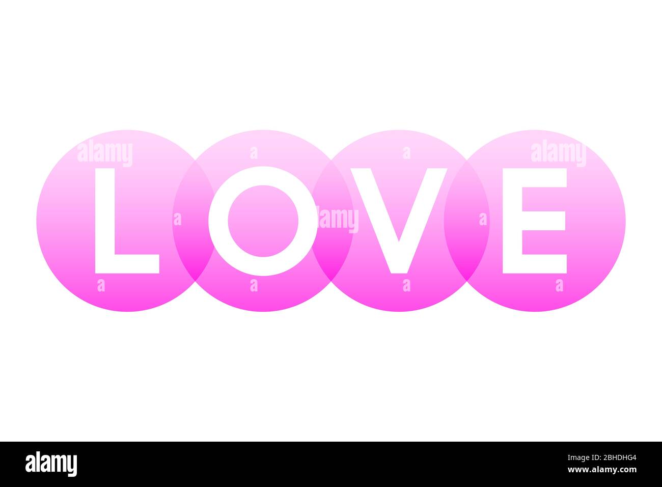 LIEBE, Buchstaben des Wortes in fett weißen Großbuchstaben auf überlappenden durchscheinenden rosa Kreisen dargestellt. Isolierte Abbildung auf weißem Hintergrund. Stockfoto