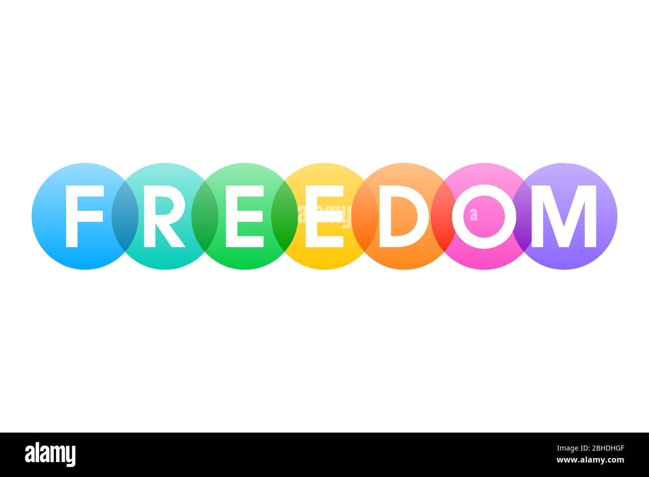 FREIHEIT, Buchstaben des Wortes in fett weißen Großbuchstaben auf überlappenden transluzenten regenbogenfarbenen Kreisen dargestellt. Isolierte Abbildung auf Weiß. Stockfoto