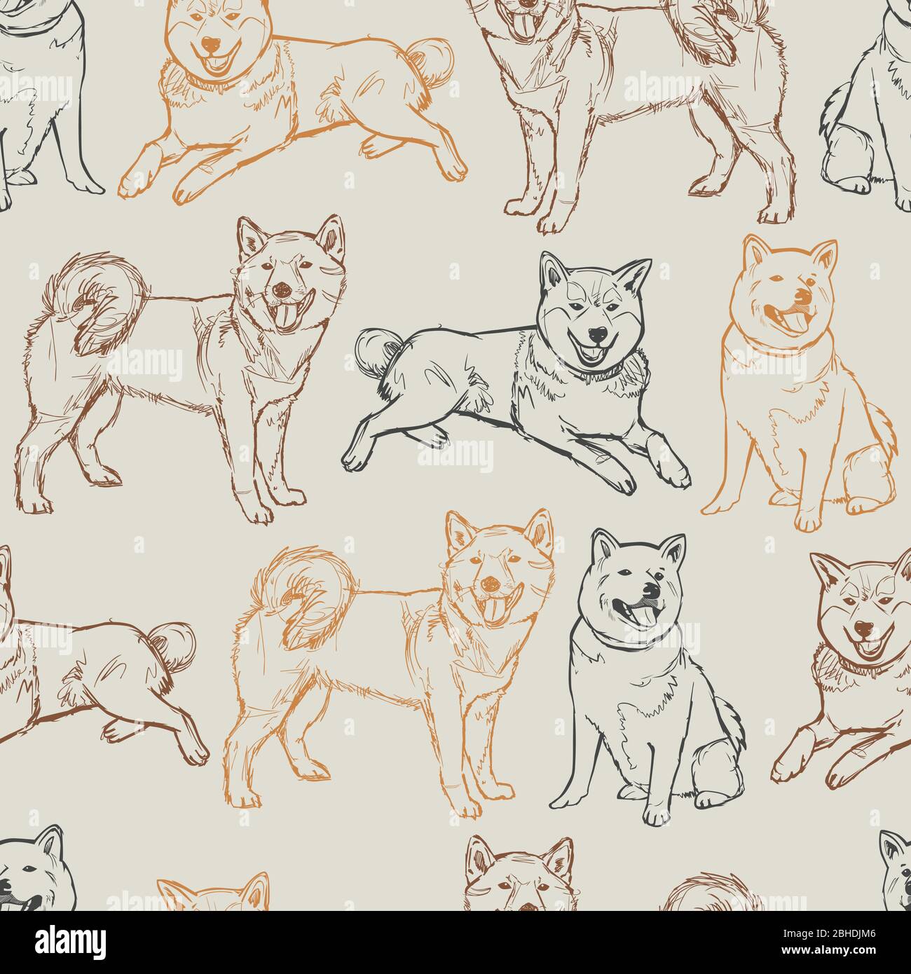 Vektor beige shiba inu Hunde skizzieren nahtlose Hintergrund Muster. Geeignet für Geschenkpapier, Textil und Tapete. Stock Vektor