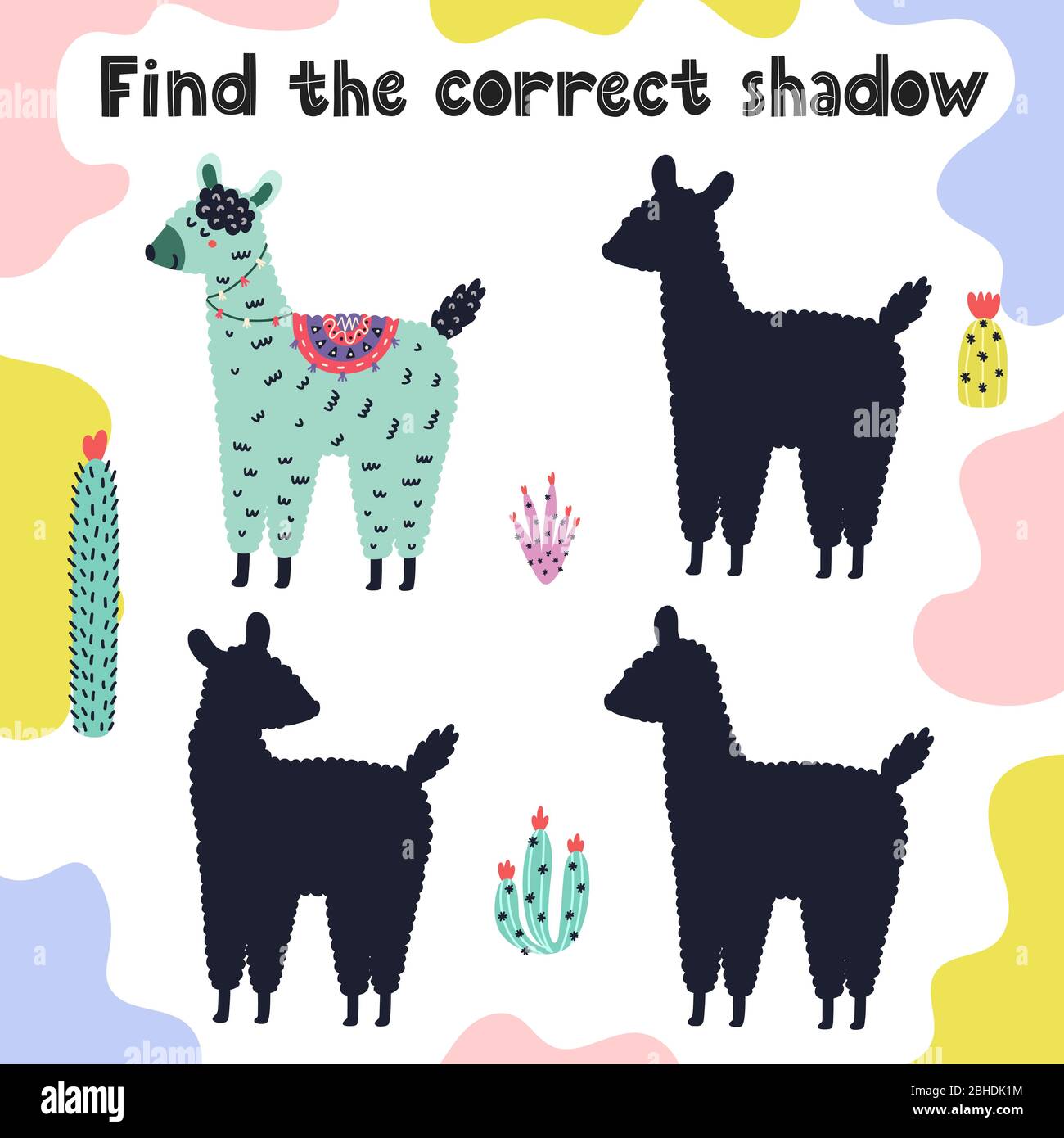 Finde die richtige Schattenaktivitätsseite mit lustigen Lamas Stock Vektor