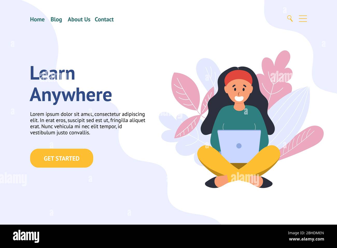 Header für Website mit einem Mädchen im Internet auf Laptop Stock Vektor