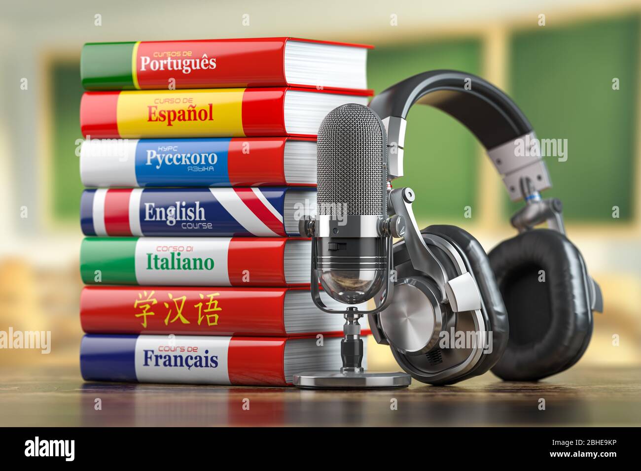 Sprachen online lernen. Wörterbücher verschiedener Sprachen mit Kopfhörer und Mikrofon. 3d-Darstellung Stockfoto