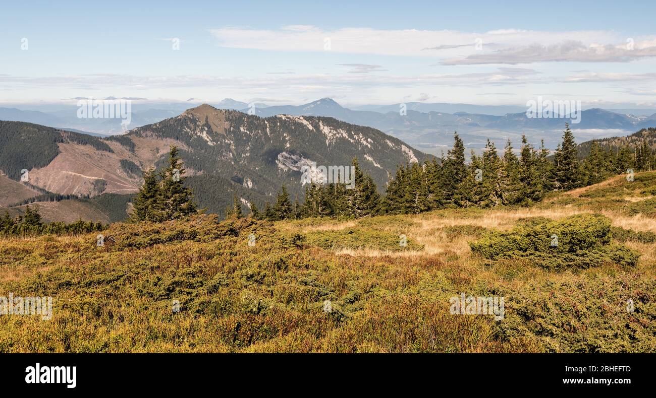 Blick vom Prasiva Hügel über Demanovska dolina in Nizke Tatry Berge in der Slowakei während schönen Herbsttag Stockfoto
