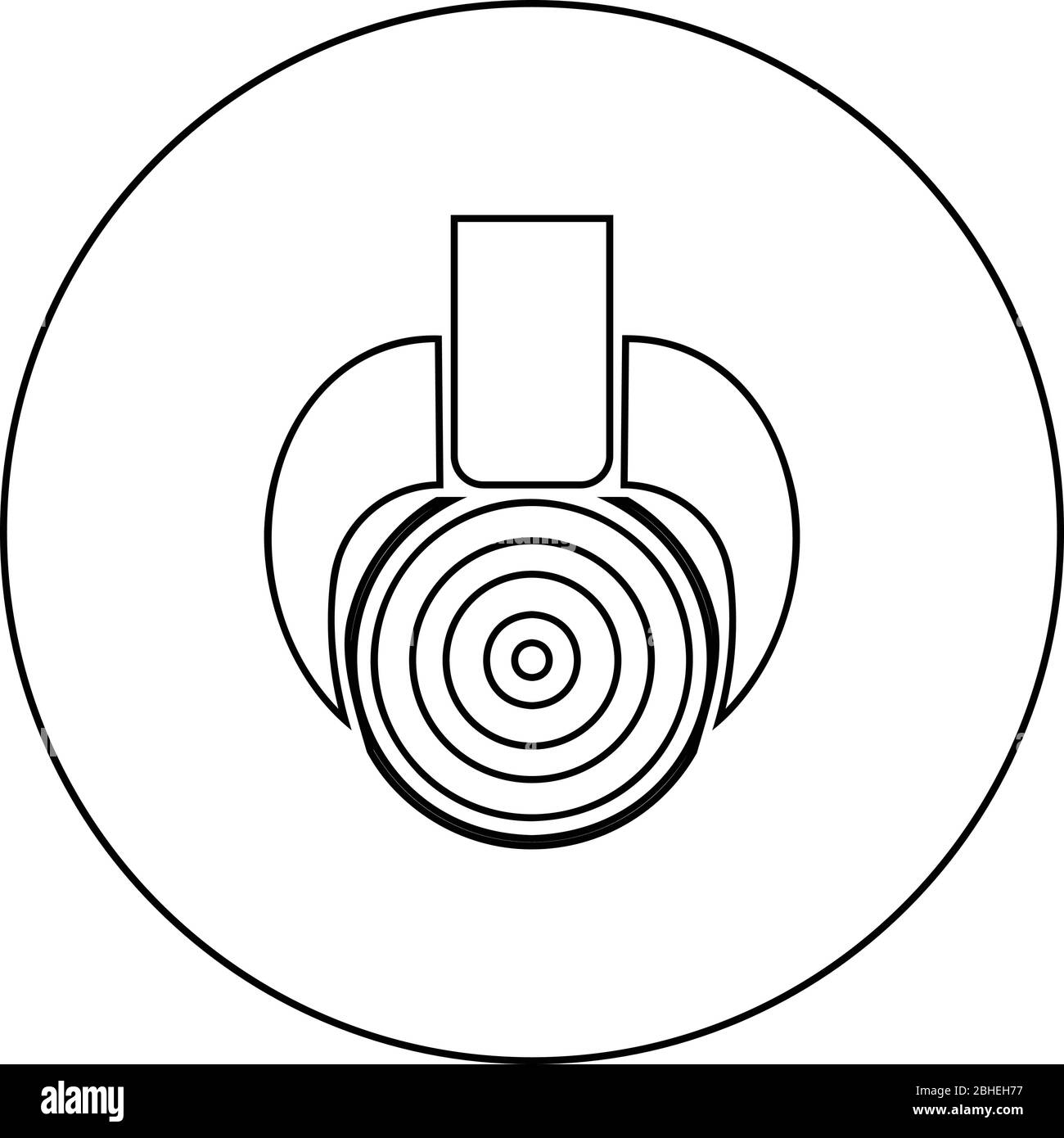 Holzfäller schneiden Baumstamm mit Grab Forstwirtschaft Industrie Industriekran für Holz Stamm Holz Produktion Symbol im Kreis runden Umriss schwarz Farbe Stock Vektor