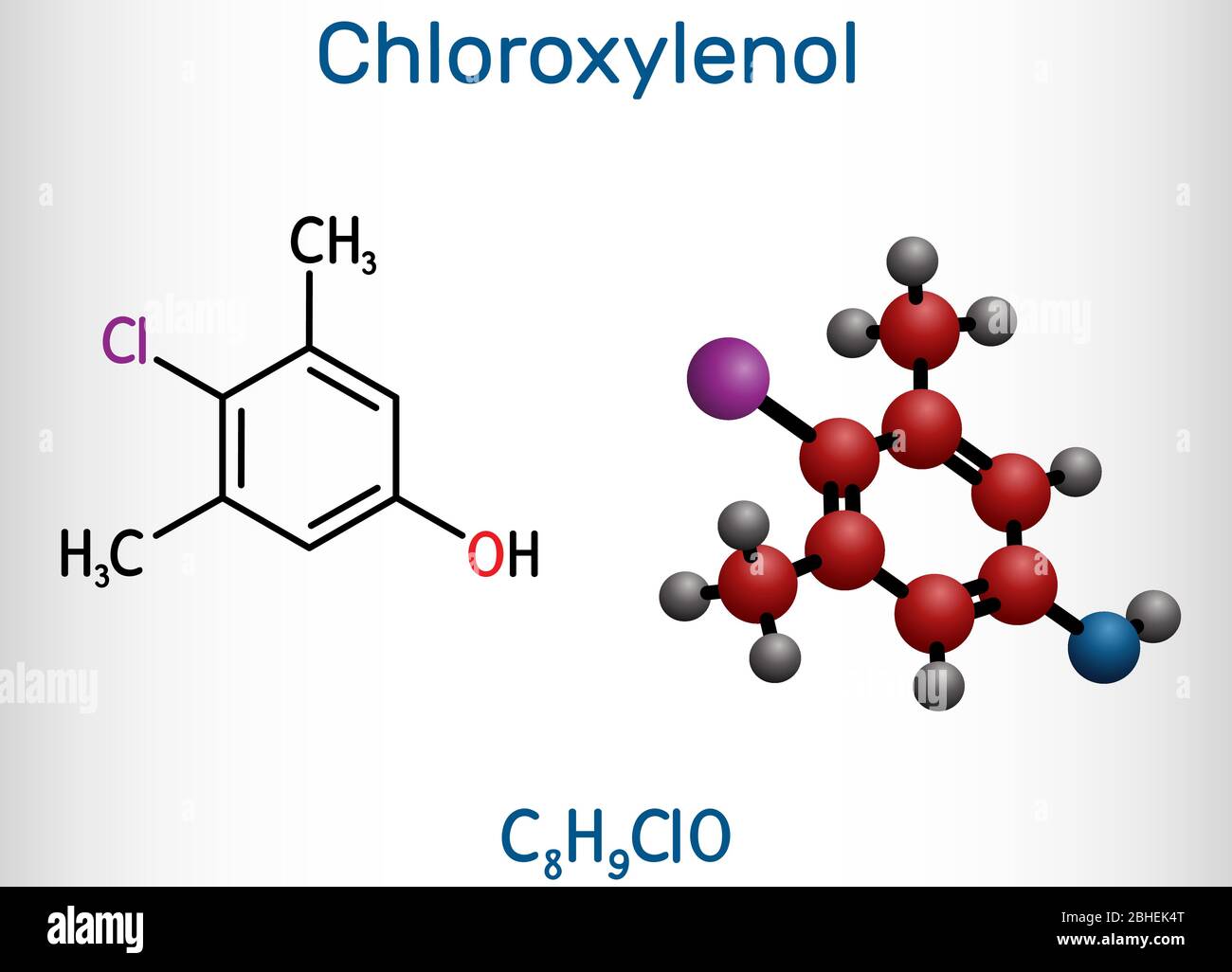 Chloroxylenol, C8H9ClO PCMX-Molekül. Es ist ein antiseptisches und desinfizierende Mittel zur Hautdesinfektion und chirurgischen Instrumenten. Chemische Formel Stock Vektor