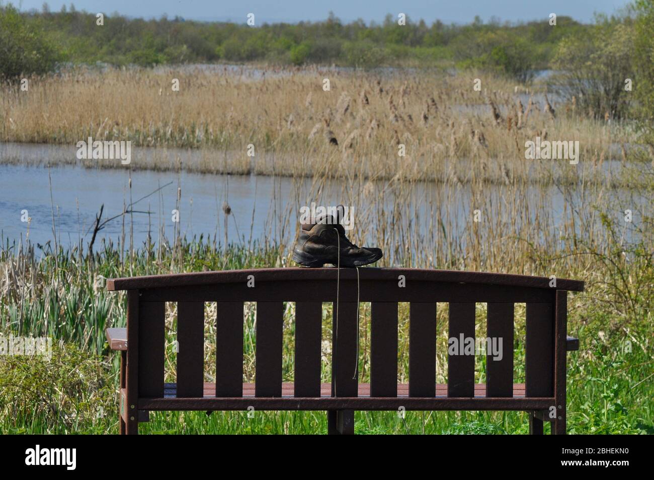 Startvorgang Unterbrochen. Single Walking Boot auf der Rückseite eines Sitzes mit Blick auf die Sümpfe auf den Somerset Ebenen. Somerset. GROSSBRITANNIEN Stockfoto