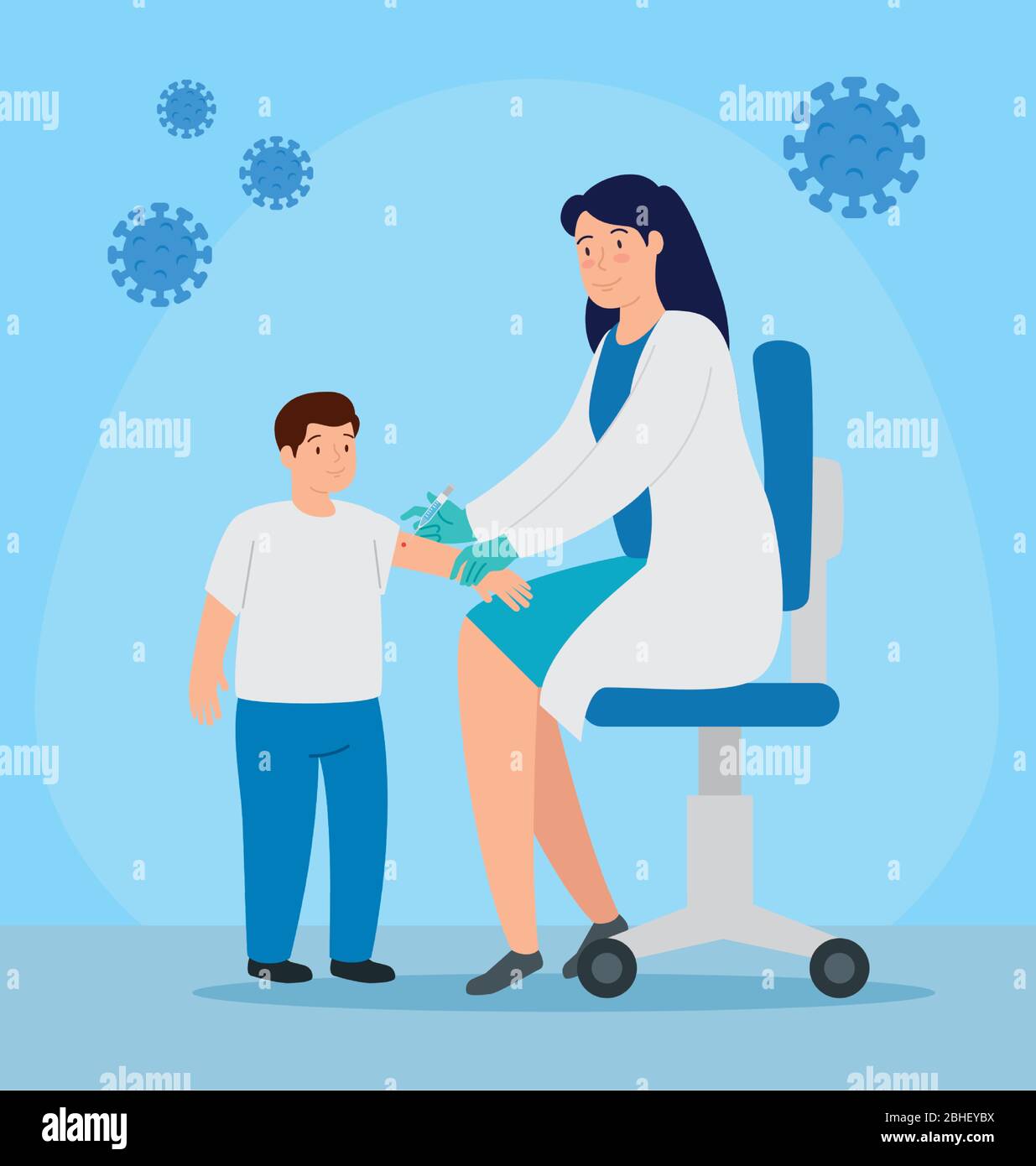 Doktor weiblich Impfung zu Jungen und Partikeln covid 19 Stock Vektor