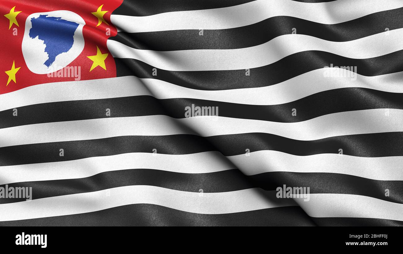 3D-Darstellung der brasilianischen Bundesflagge von Sao Paulo winkt im Wind. Stockfoto