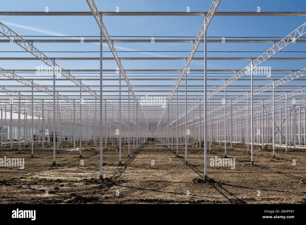 Perspektivischer Blick auf den Rahmen eines in den Niederlanden im Bau befindlichen industriellen Glasgewächshauses. Stockfoto
