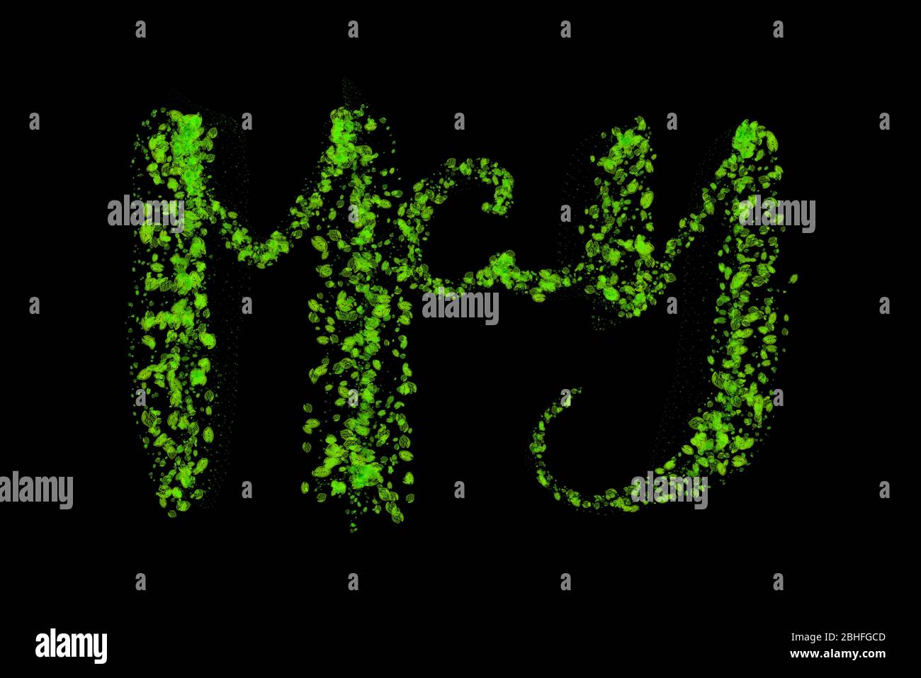 Der Monat Mai in grünen Blättern auf schwarzem Hintergrund getan. Teil einer Kalenderserie Stockfoto