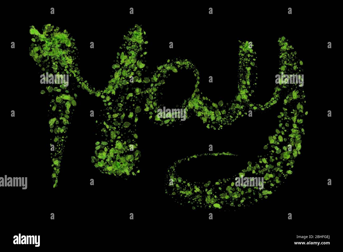 Der Monat Mai in grünen Blättern auf schwarzem Hintergrund getan. Teil einer Kalenderserie Stockfoto