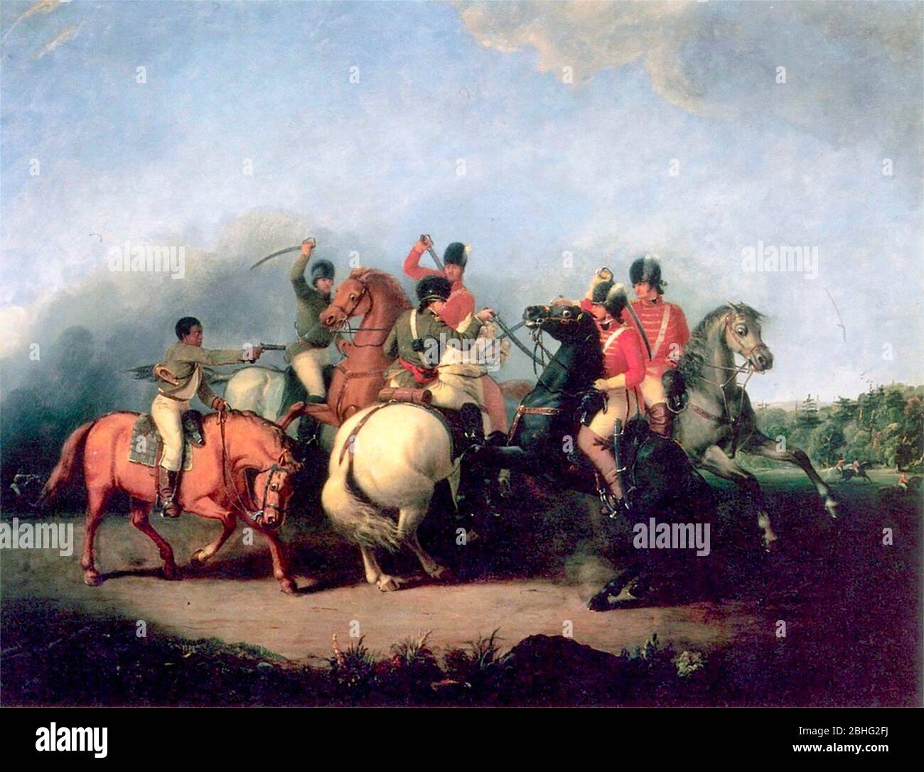 Die Schlacht von Cowpens, gemalt von William Ranney im Jahre 1845. Die Szene zeigt einen namenlosen schwarzen Soldaten (links), der seine Pistole abfeuert und das Leben von Colonel William Washington rettet Stockfoto