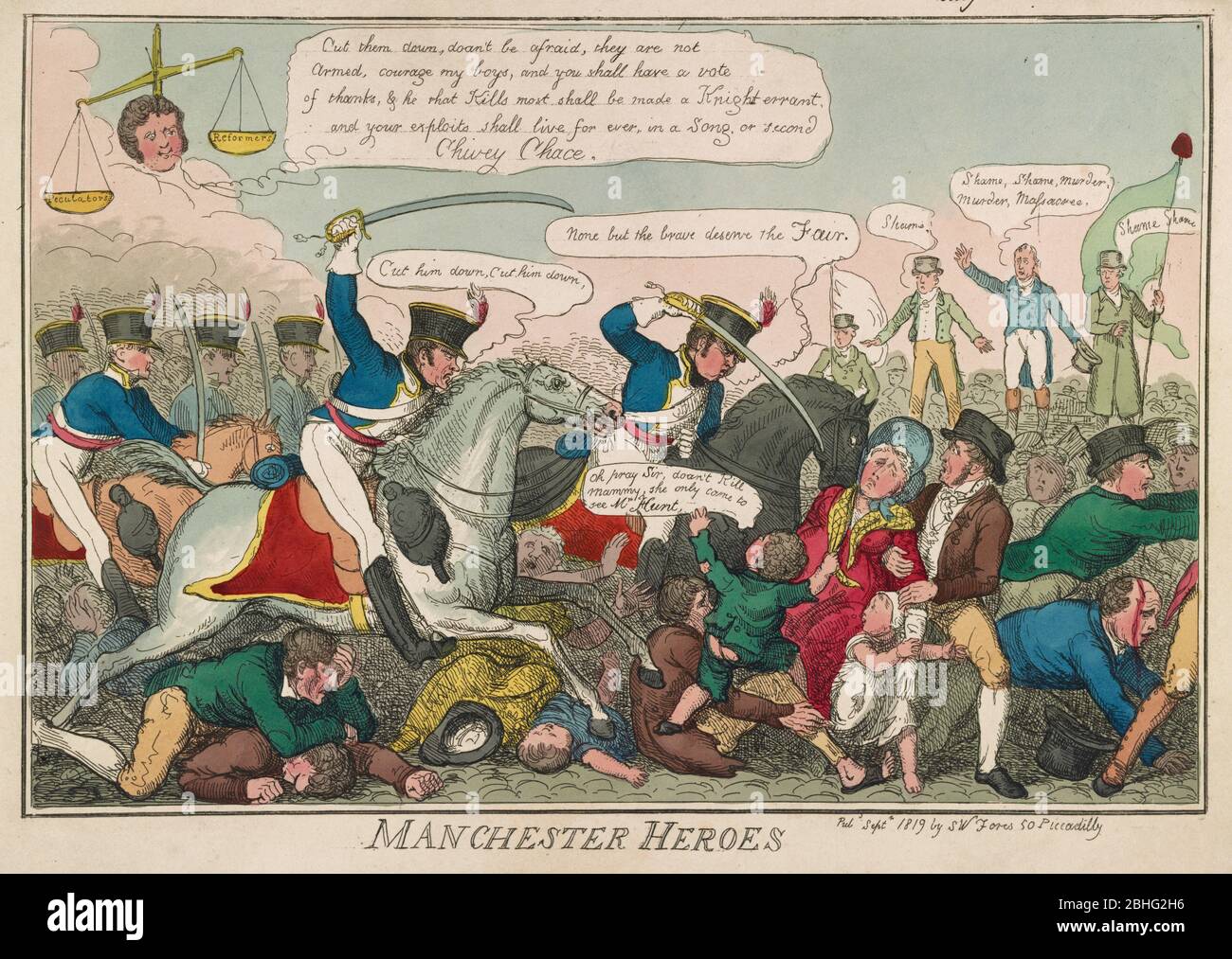 Print zeigt Manchester Yeomanry angreifende Menge versammelt, um Henry Hunt und andere radikale Redner auf St. Peter's Field, Manchester, England, am 16. August 1819 zu hören. Stockfoto