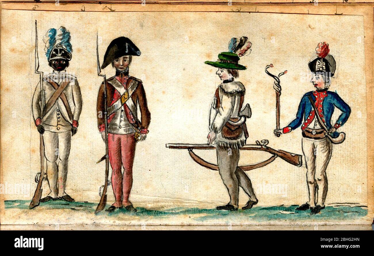 Amerikanische Soldaten bei der Belagerung von Yorktown, von Jean-Baptiste-Antoine DeVerger, Aquarell, 1781. Darunter ein afroamerikanischer Soldat Stockfoto