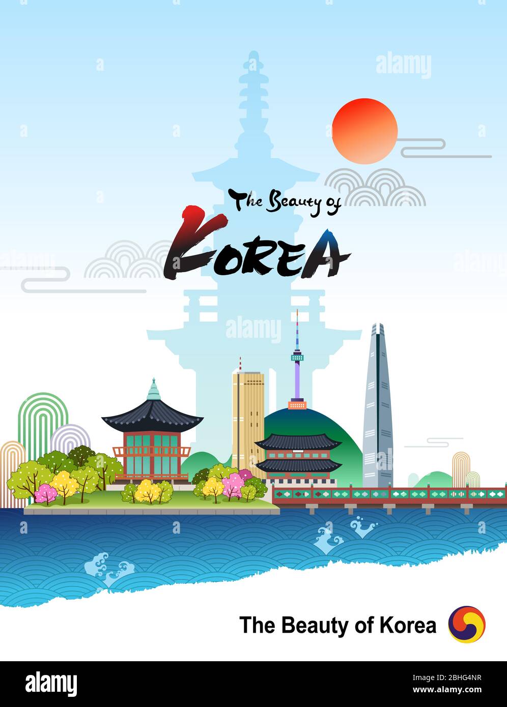 Die Schönheit Koreas. Koreanischer traditioneller Palast und Wahrzeichen. Stock Vektor