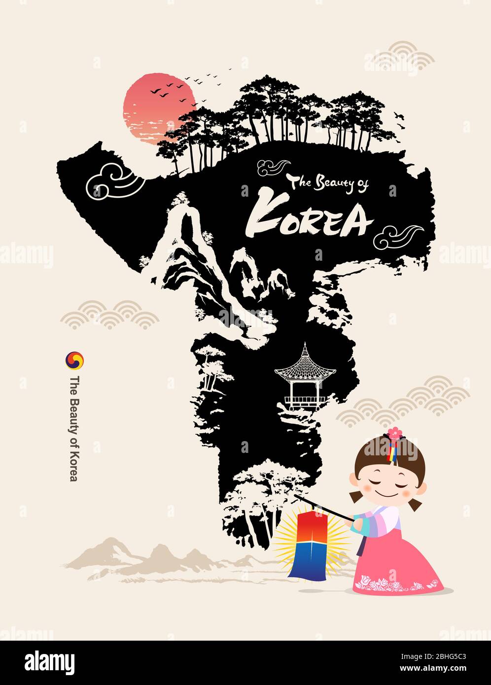 Wunderschönes Korea. Kinder in traditionellen Hanbok-Kostümen sind ebenfalls willkommen. Koreanische Traditionelle Malerei Vektor Illustration. Stock Vektor