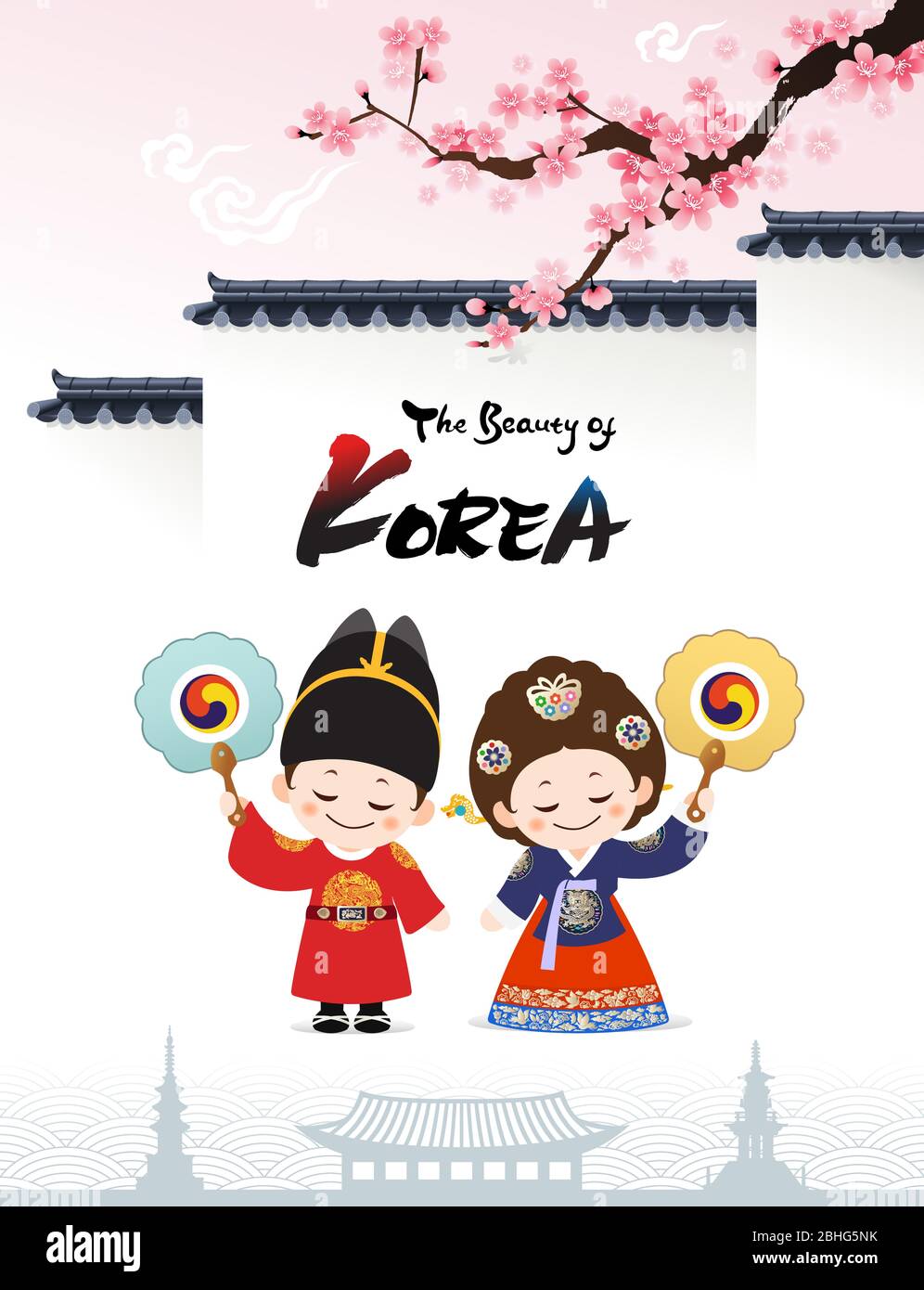 Wunderschönes Korea. Willkommen in Korea, Kinderfiguren in traditionellen Zäunen und Palast hanbok gekleidet. Stock Vektor
