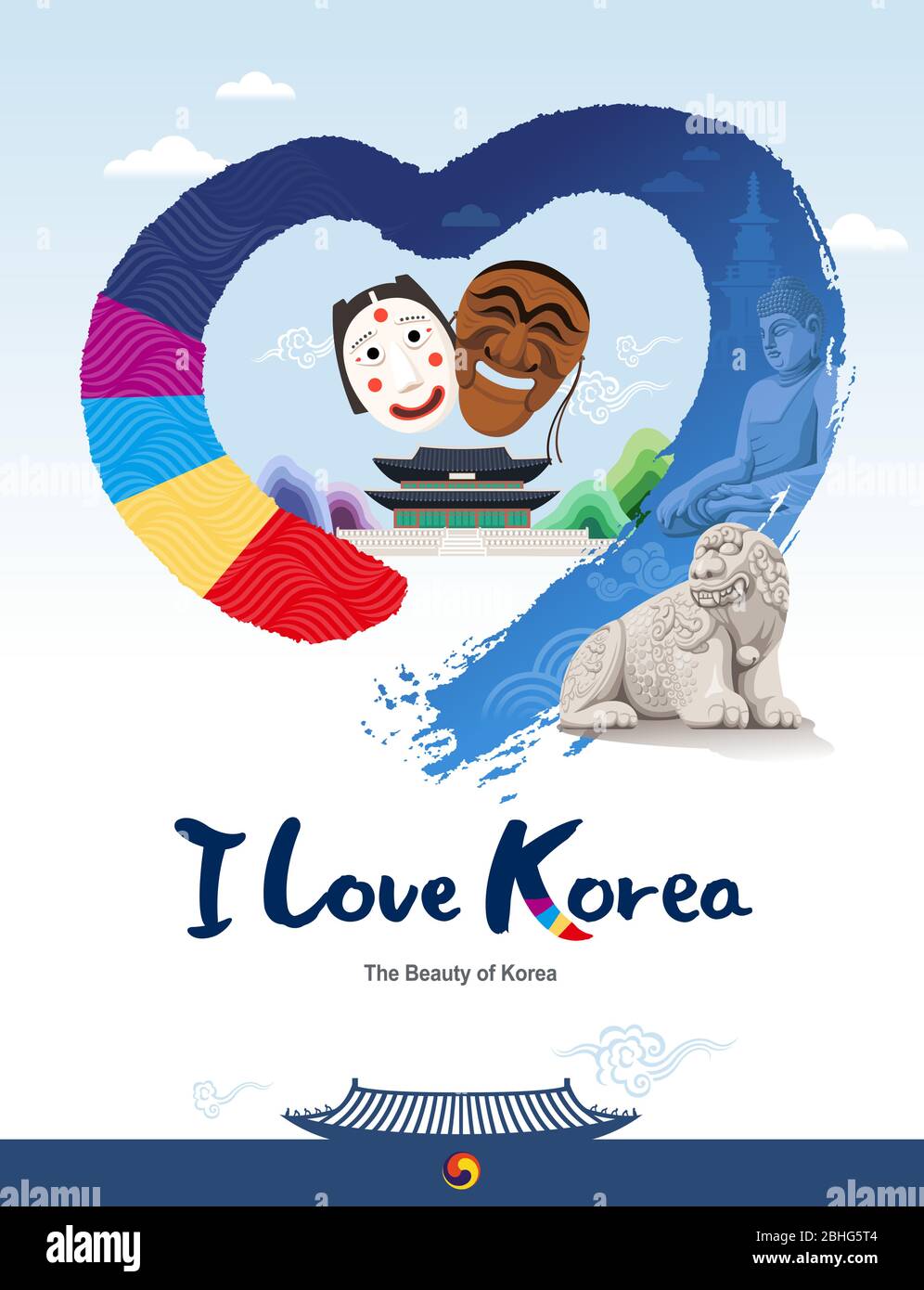 Wunderschönes Korea. Traditionelle Kulturgüter, Maske, Palast, Herzform Pinsel Vektor. Ich liebe korea Stock Vektor