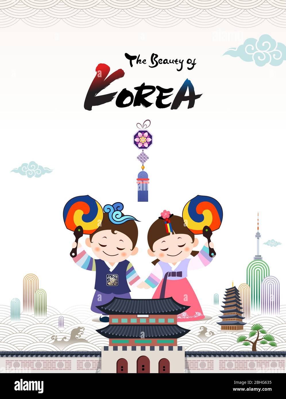 Die Schönheit Koreas. Koreanische traditionelle hanbok Kind paar Charakter begrüßt Sie mit Taegeuk Fan besuchen Korea. Stock Vektor