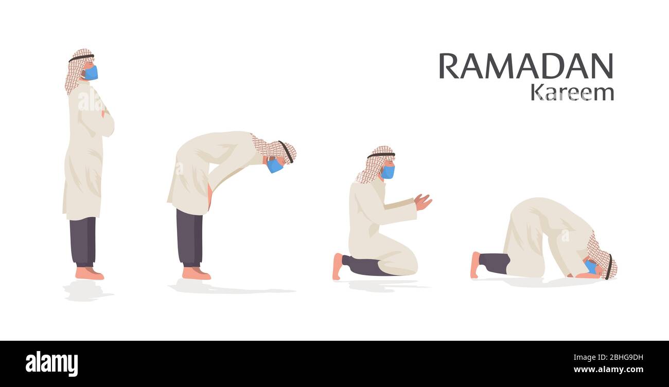 Religiöse muslim Mann in Maske beten Positionen ramadan kareem heiligen Monat coronavirus Pandemie Quarantäne Konzept Gebet tun Religion Ritual steb durch Schritt horizontale volle Länge Vektor Illustration Stock Vektor