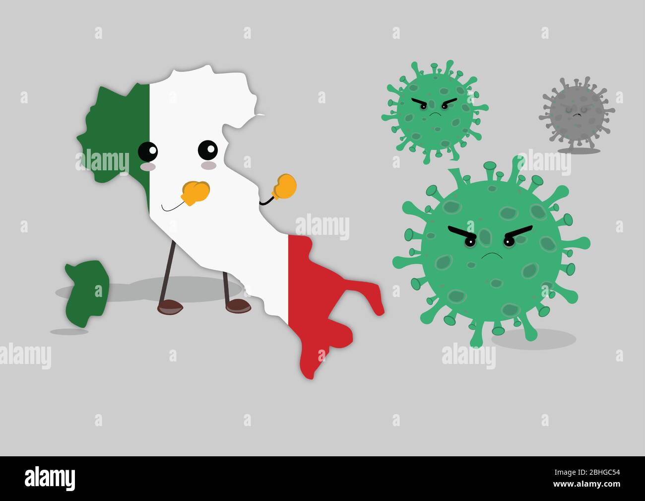 Italien Land kämpft mit Corona-Virus. Illustration der italienischen Flagge in Form des Landes Italien, tragen Boxhandschuhe und kämpfen mit viru Stock Vektor