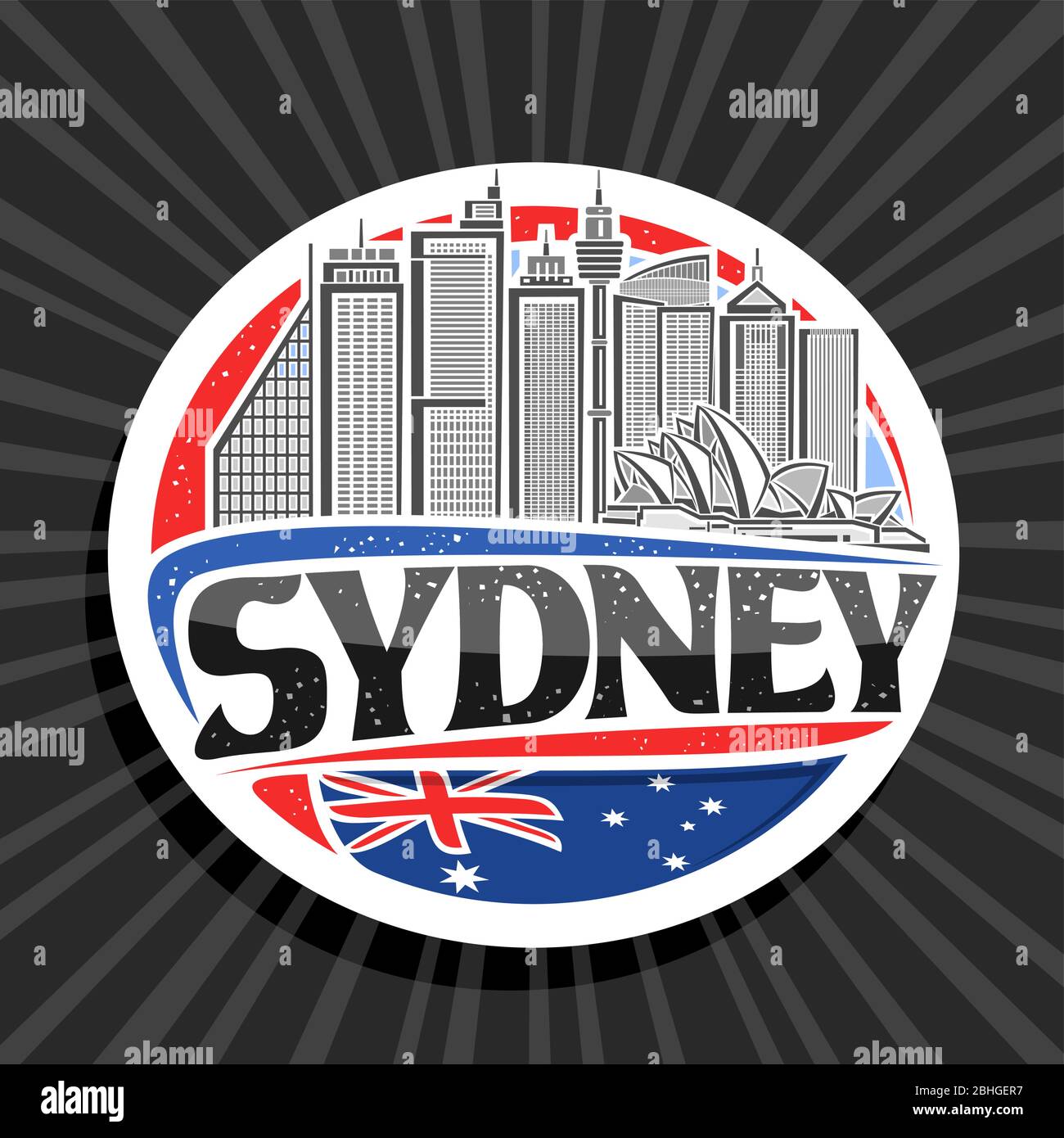 Vektor-Logo für Sydney, weiß dekorativen runden Tag mit Linie Illustration der modernen sydney Stadtbild am Tag Himmel Hintergrund, Art-Design touristischen Kühlschrank Stock Vektor