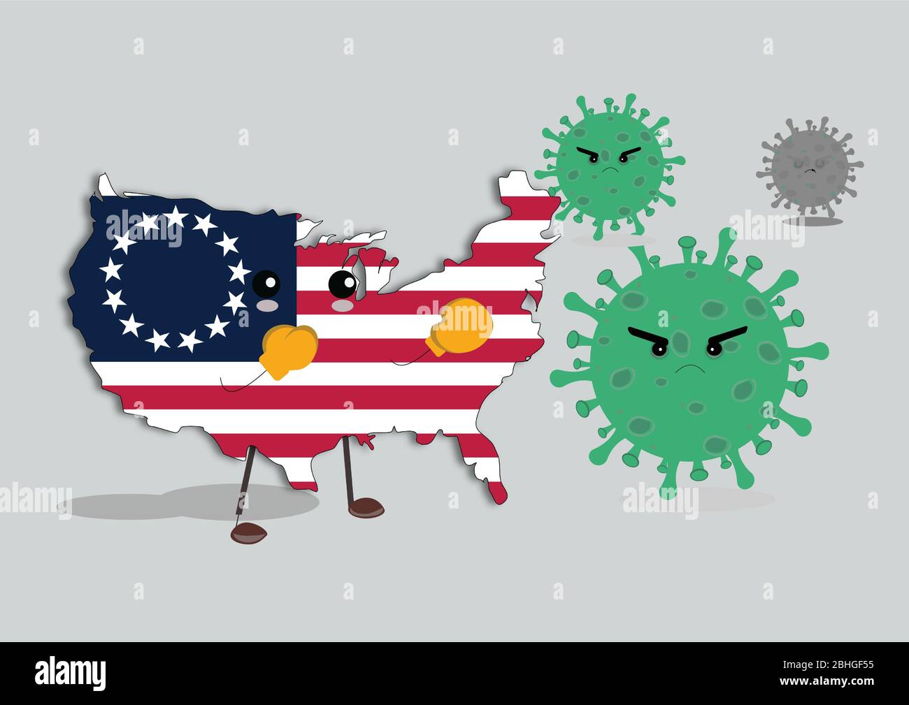 Vereinigte Staaten von Amerika Land kämpfen mit Corona-Virus. Illustration der amerikanischen Flagge in Form des Landes der Vereinigten Staaten von Amerika, Weari Stock Vektor