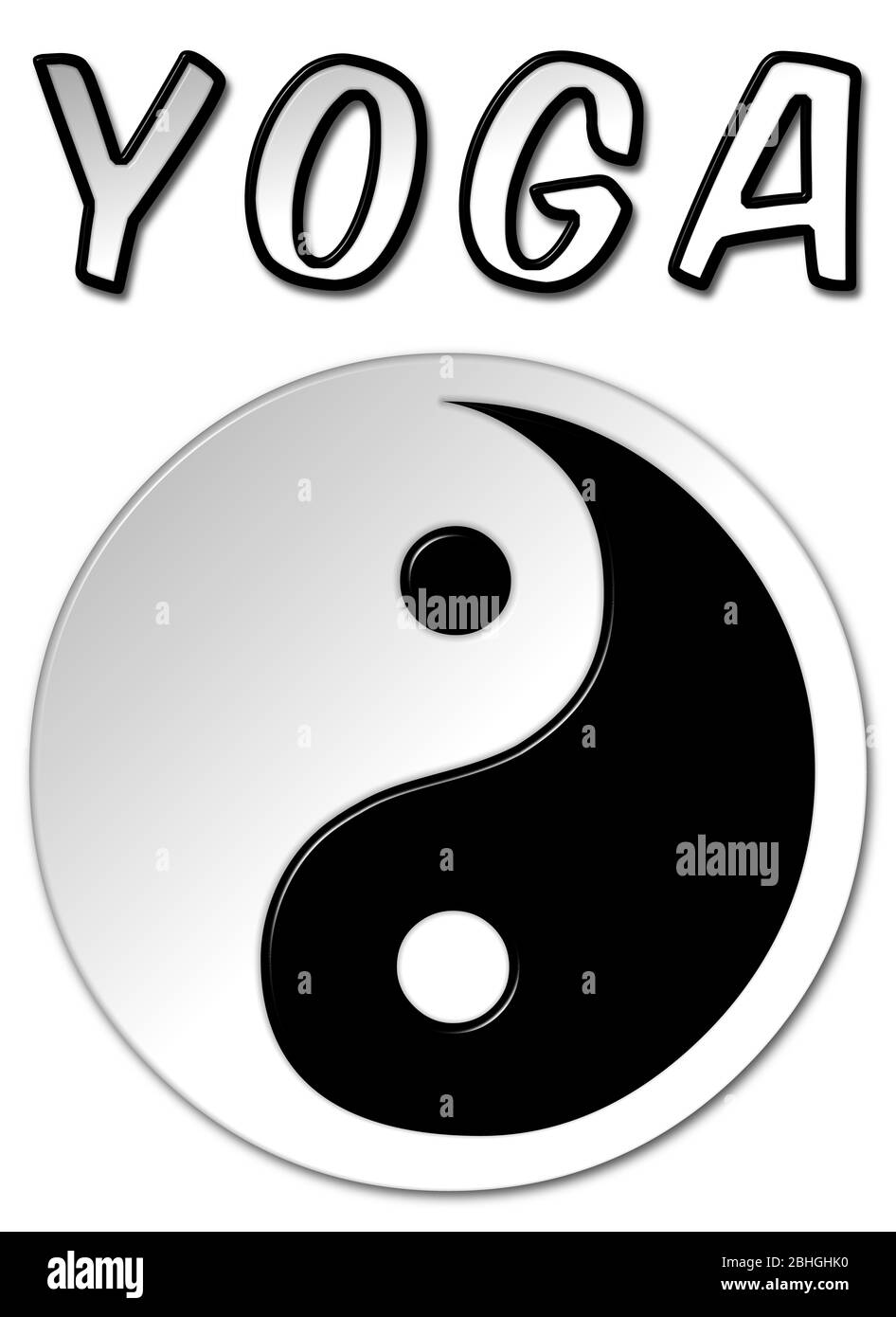 Yoga Yin Yang Symbol in schwarz und weiß mit einem Fase-Effekt auf einem isolierten weißen Hintergrund Stockfoto