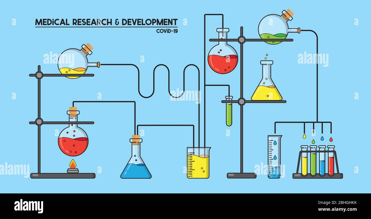 Medizinische Forschung und Entwicklung Illustration isoliert auf blauem Hintergrund. Cartoon-Stil Experiment mit verschiedenen Chemikalien in Flaschen, auf der Suche nach einem Stock Vektor