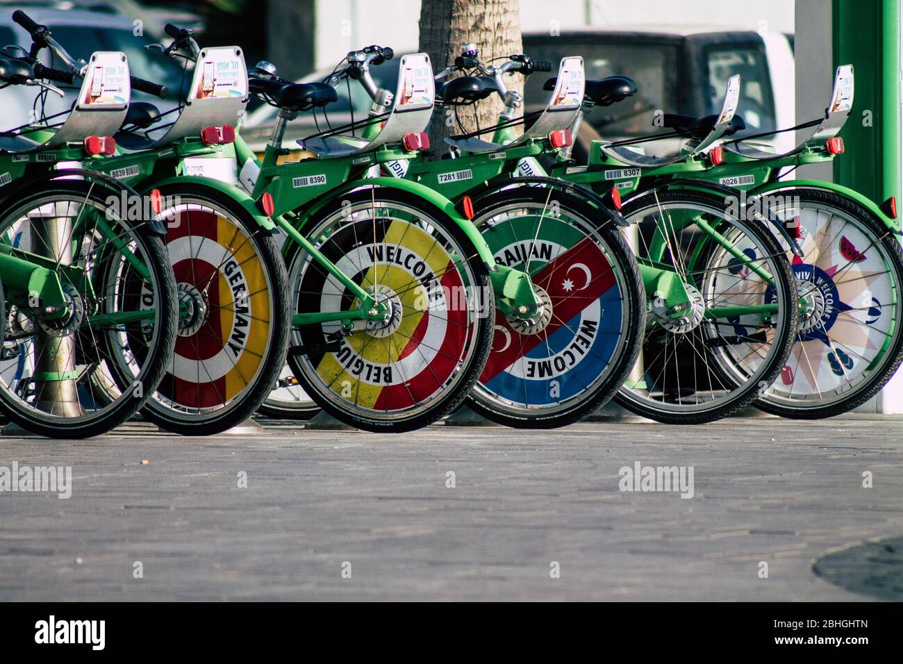 Tel Aviv Israel June 10, 2019 Blick Auf Grüne Elektrische Fahrräder Zu ...