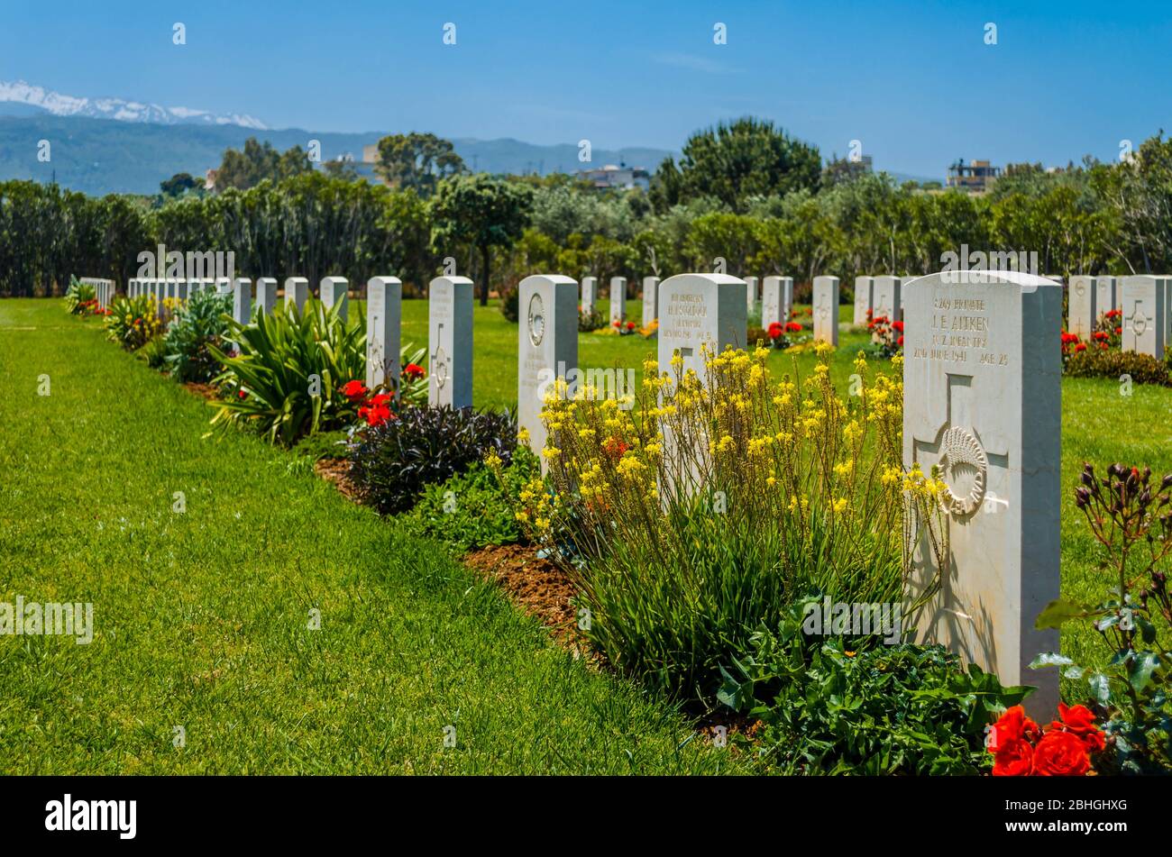 Suda Bay, Kreta/Griechenland- der Suda Bay war Cemetery ist ein Militärfriedhof, der Bestattungen aus dem Ersten und Zweiten Weltkrieg enthält Stockfoto