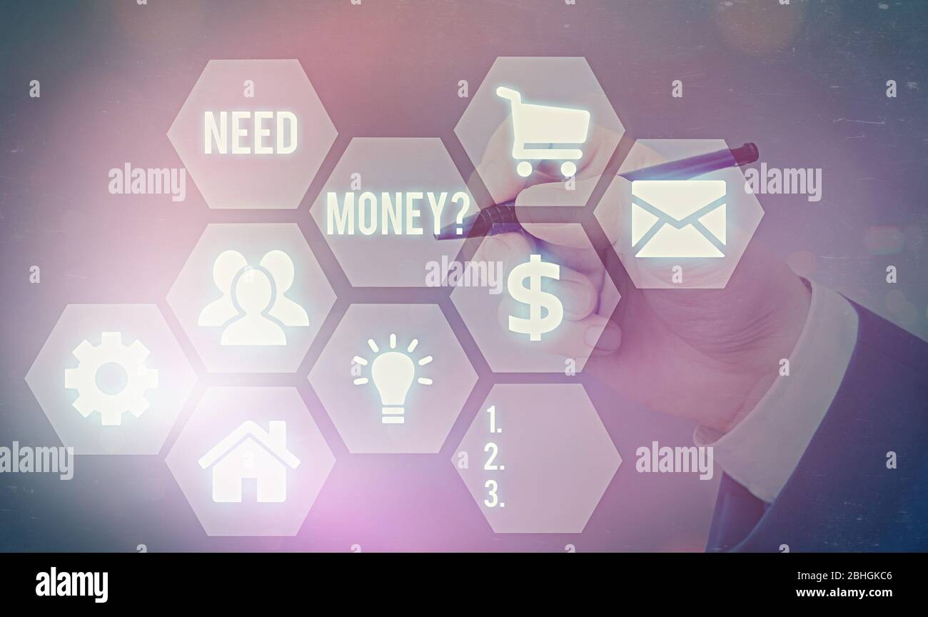 Word Writing Text brauchen Geld Frage. Business Foto präsentiert jemanden fragen, ob er Geld braucht oder Bouns bekommen Darlehen Stockfoto