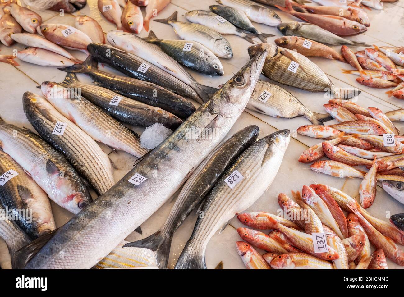Verschiedene frische Fische zum Verkauf bei einer Meeresfrüchte-Auktion in Alacati, Türkei Stockfoto