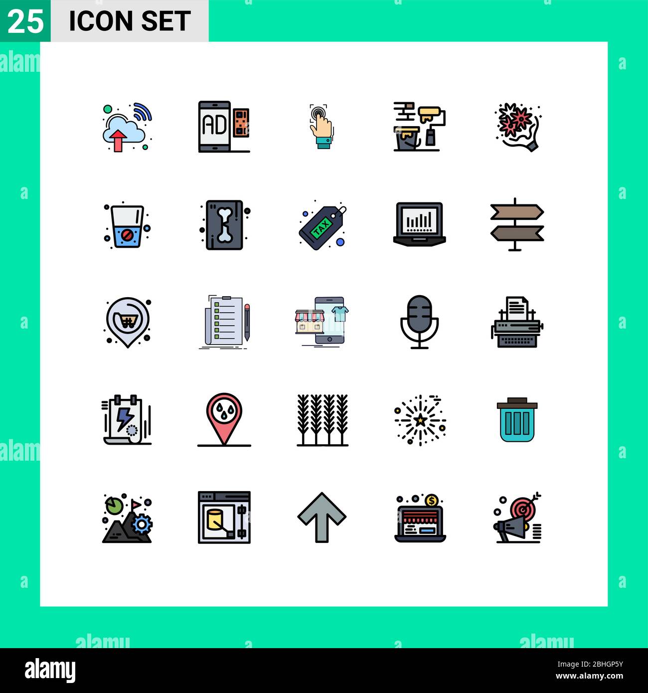 Universal Icon Symbole Gruppe von 25 modernen gefüllten Linie flache Farben von Pinsel, Rolle, Fingerabdruck, Pinsel, Scanner editierbar Vektor Design-Elemente Stock Vektor