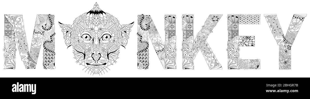Wort Affe mit dem Kopf eines Tieres. Vektor zentangle Objekt zum Einfärben Stock Vektor Wort Affe mit dem Kopf eines Tieres. Vektor zentangle Objekt zum Einfärben Stock Vektor