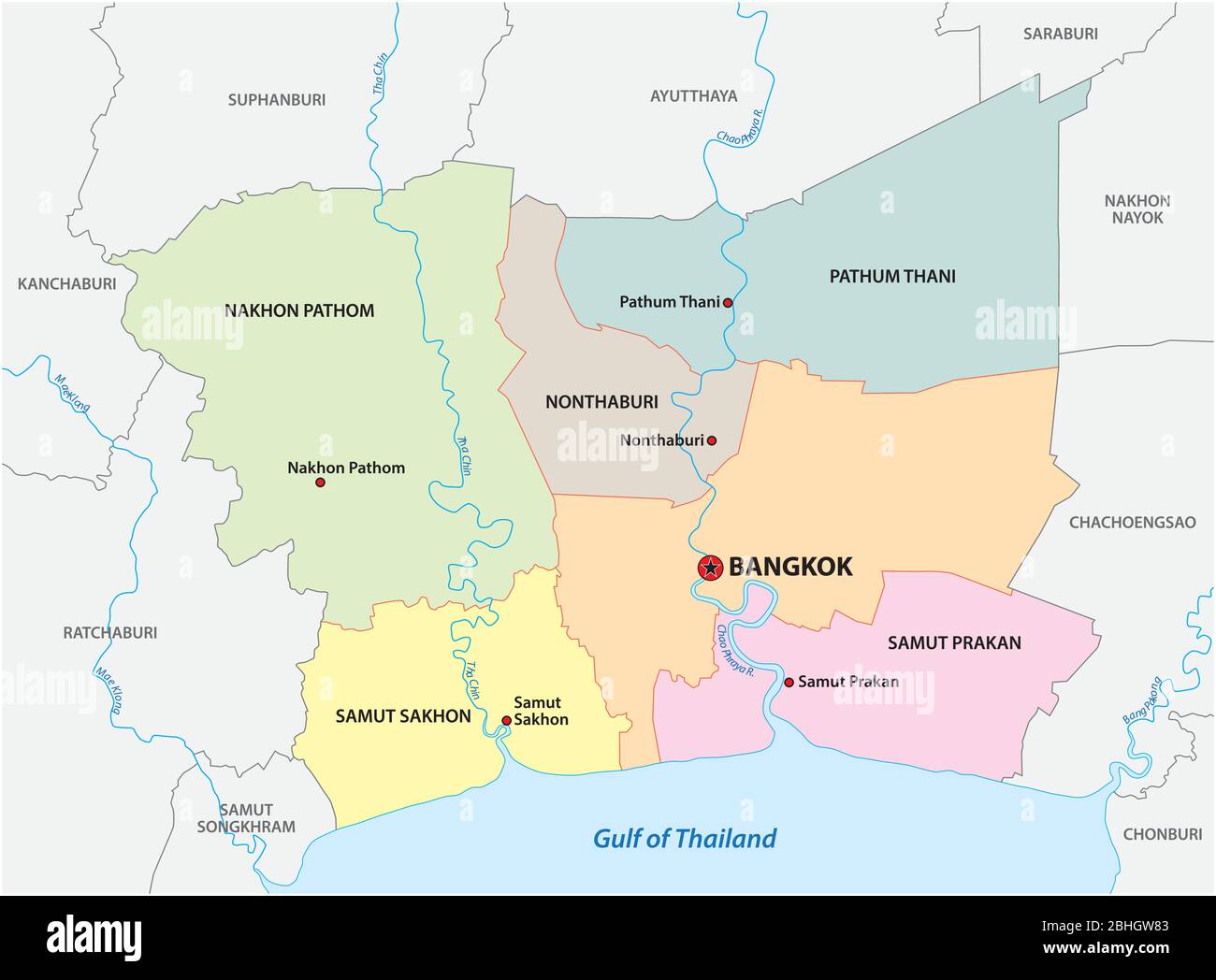 Administrative Vektorkarte von Bangkok Metropolregion, Thailand Stock Vektor