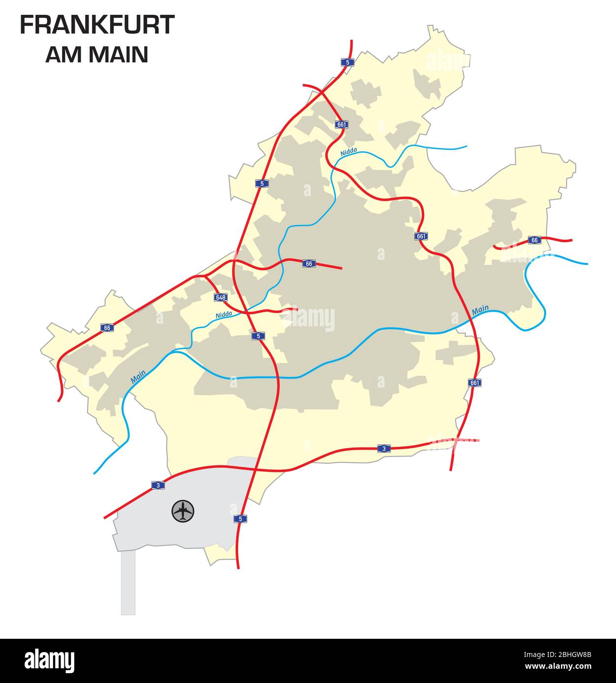 Einfache Übersichtskarte der Stadt Frankfurt am Main Stock Vektor