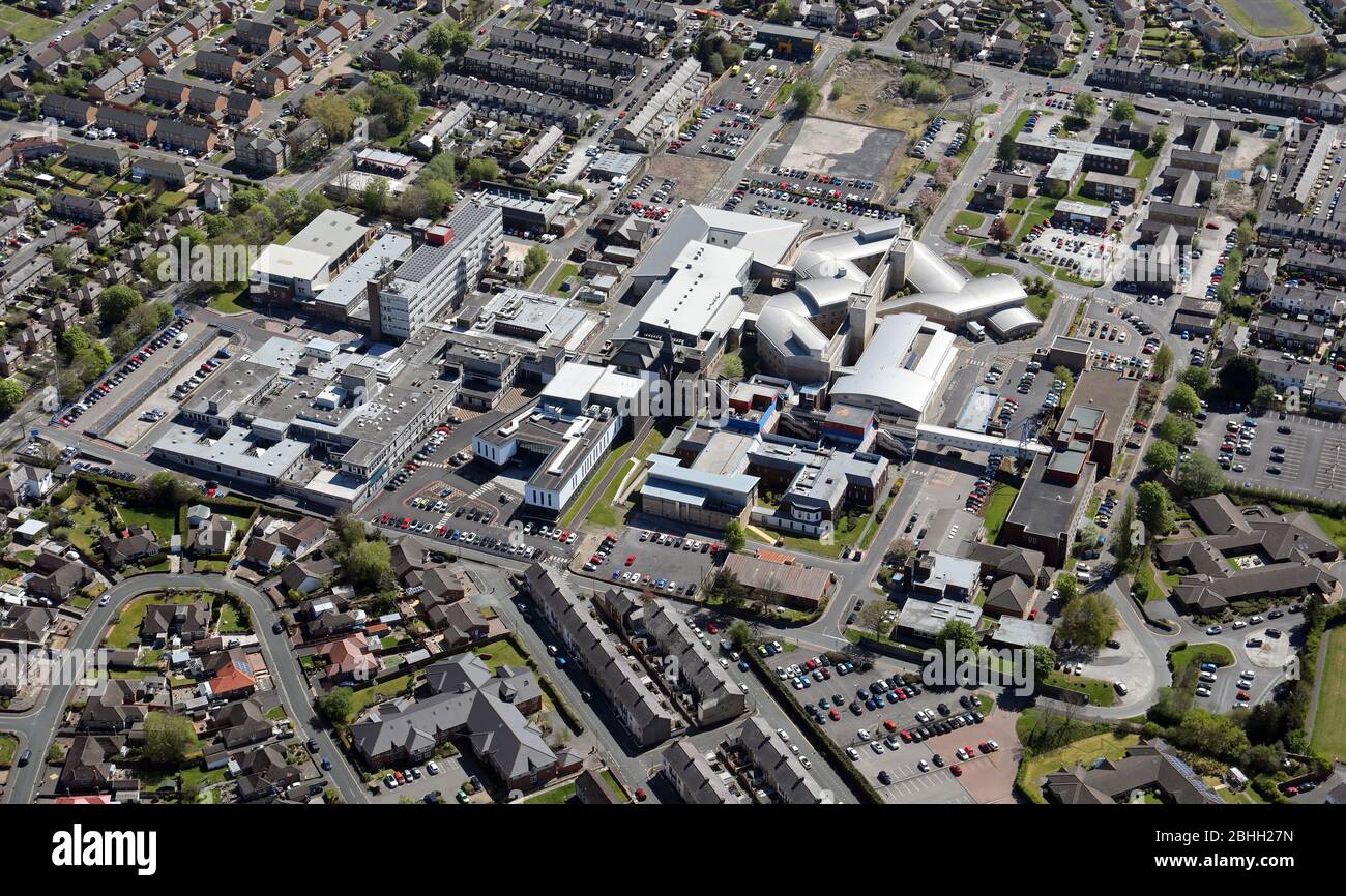 Luftaufnahme des Burnley General Teaching Hospital, Lancashire Stockfoto