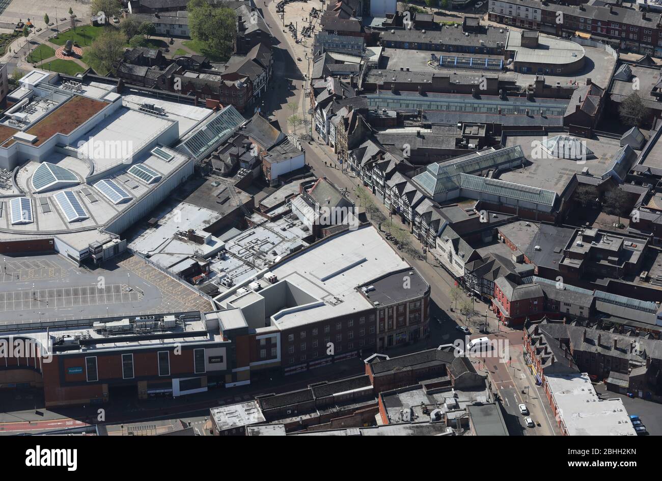 Luftaufnahme mit Blick nach Süden nach Stans, Wigan Stadtzentrum Stockfoto