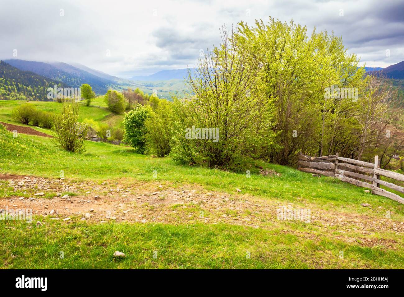 Grüne Wiesen der bergigen Landschaft. wolkiges Wetter im Frühling. Grat in der Ferne. Schönheit der ländlichen Landschaft Stockfoto