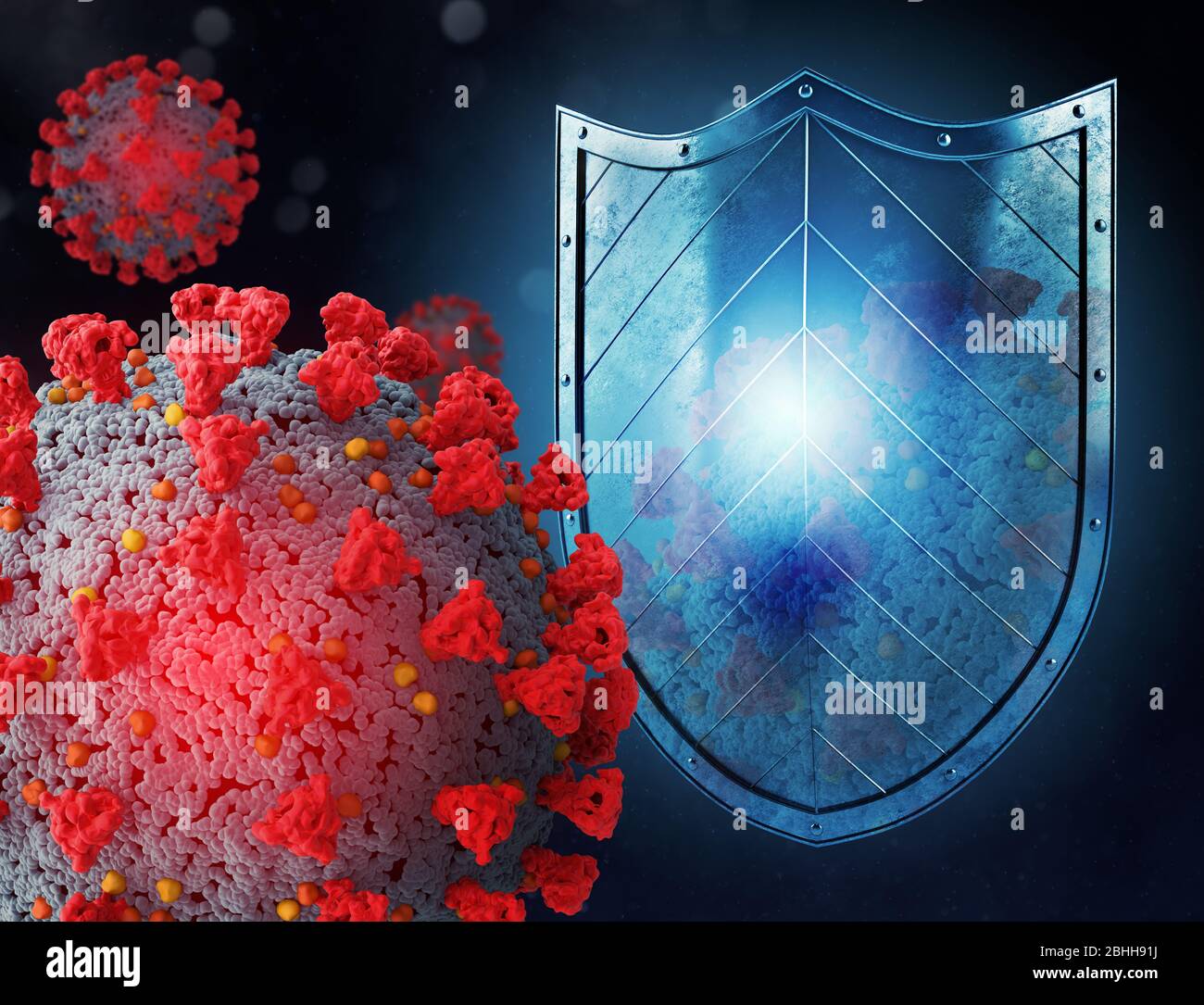 Shield schützt vor Virenangriffen. Konzept der Stop-Pandemie des Covid 19 Crown Virus. 3d-Darstellung Stockfoto