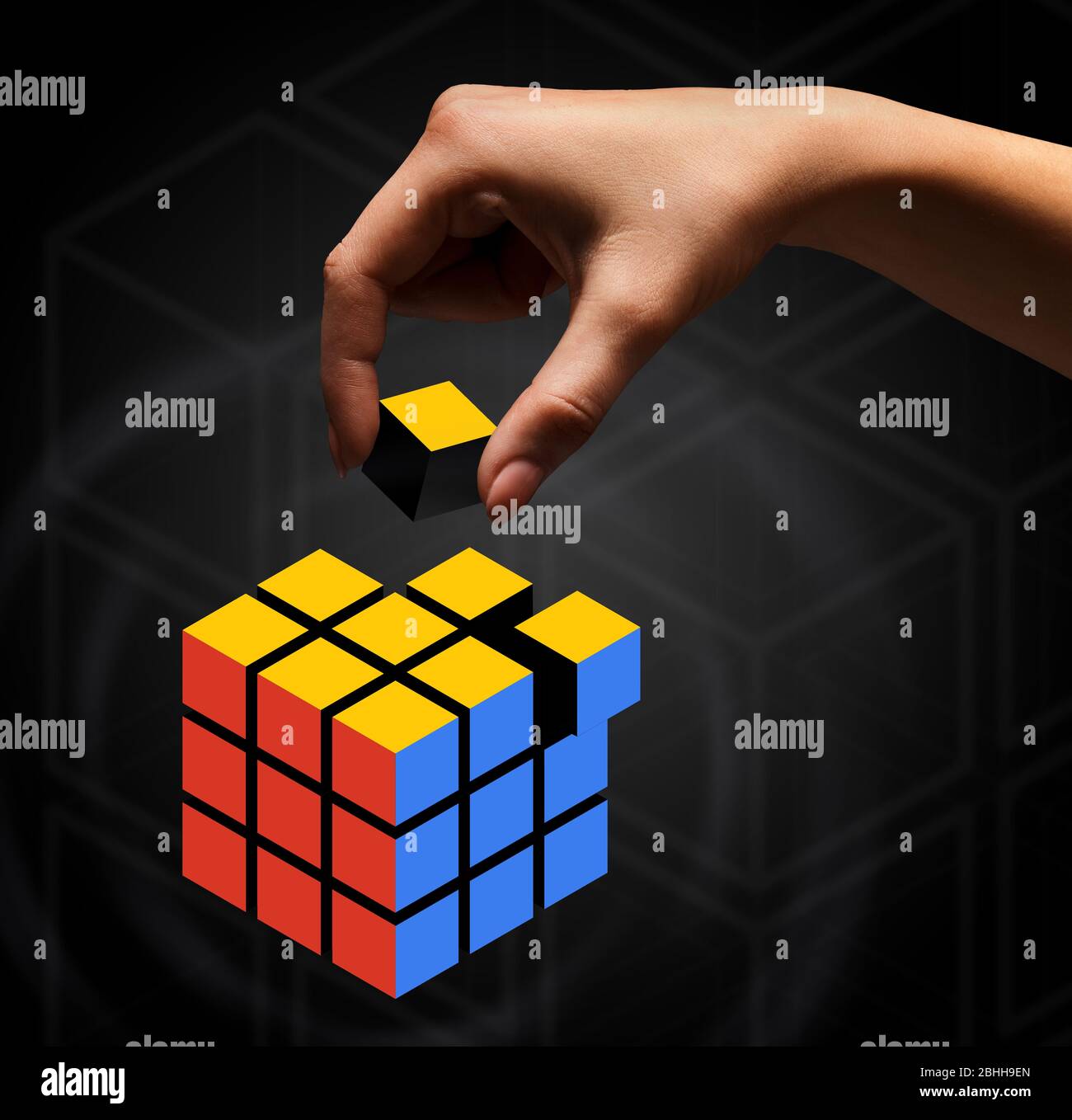 Woman Hand baut Würfel rubik Konzept, Collage Stockfoto