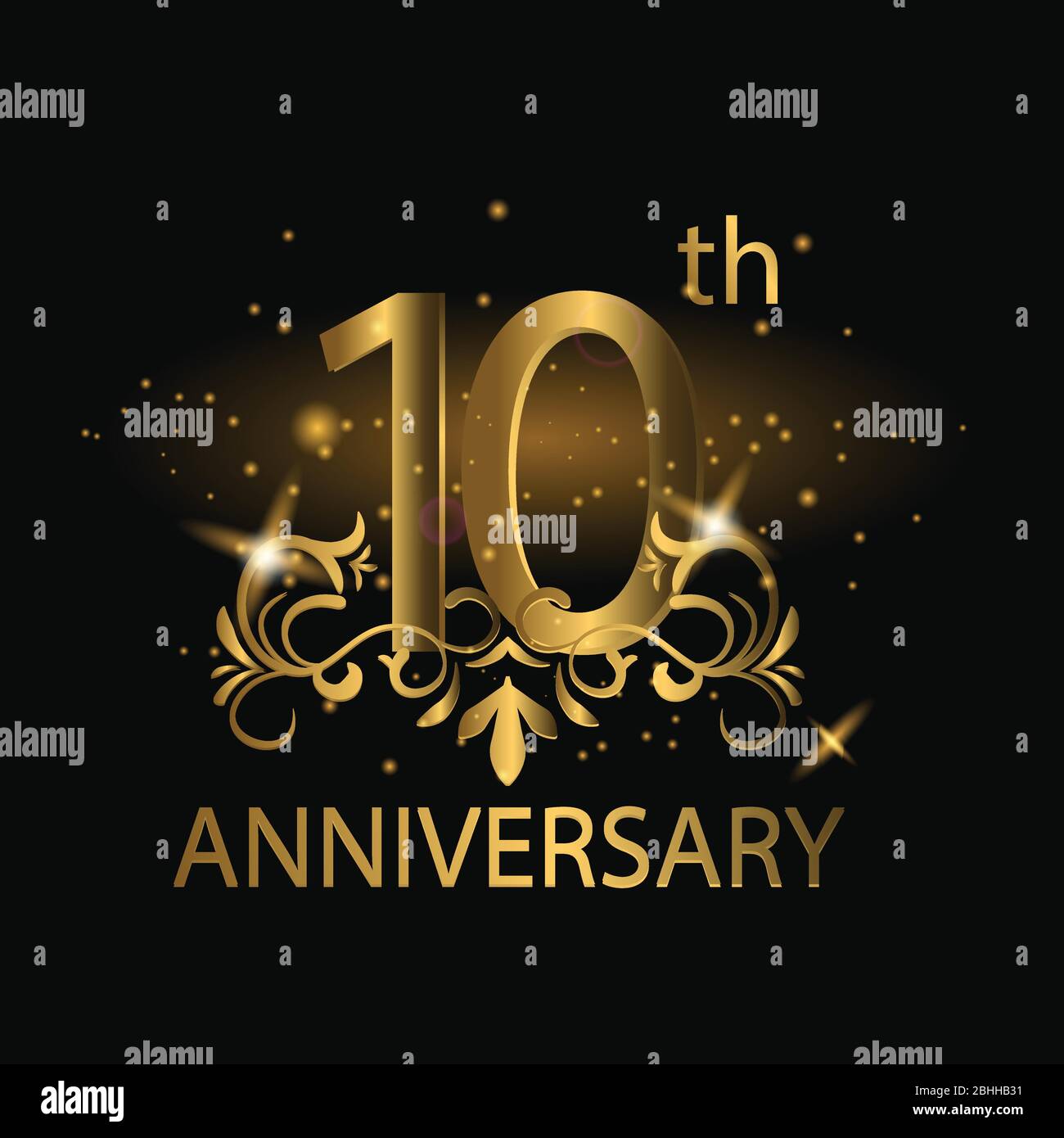 10 Jahre Jubiläumsfeier. 10. Jubiläum Logo mit Goldfarbe, Folie, Glitzern Stock Vektor