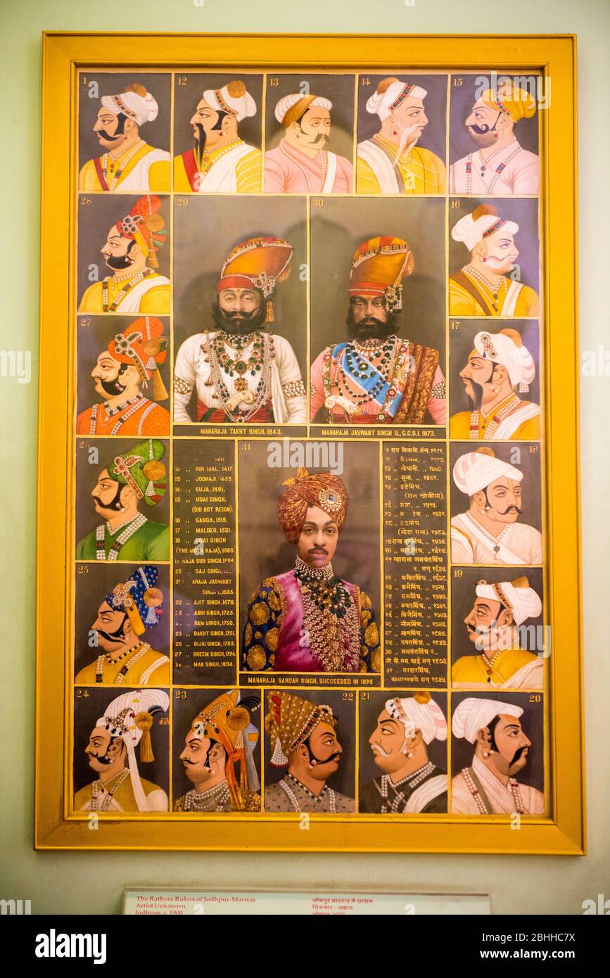 Jodhpur / Indien 18 März 2019 Porträt eines herausragenden Herrscher des mittelalterlichen Rajasthan im Museum in Mehrangarh Fort in Jodhpur Rajasthan Ind Stockfoto