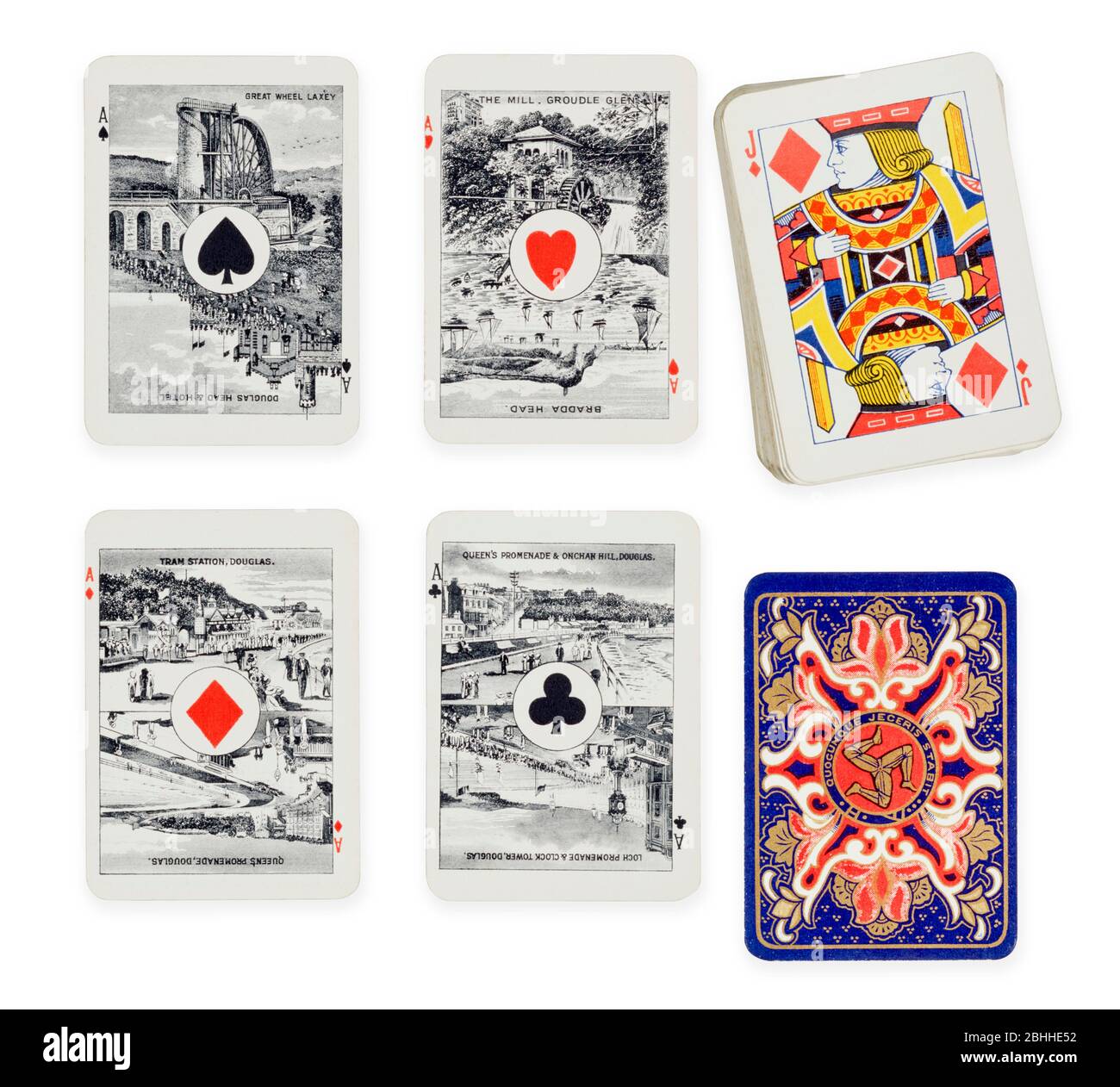 Viktorianische Manx-Themen Spielkarten mit lokalen Ansichten und drei Beinen Symbol Stockfoto