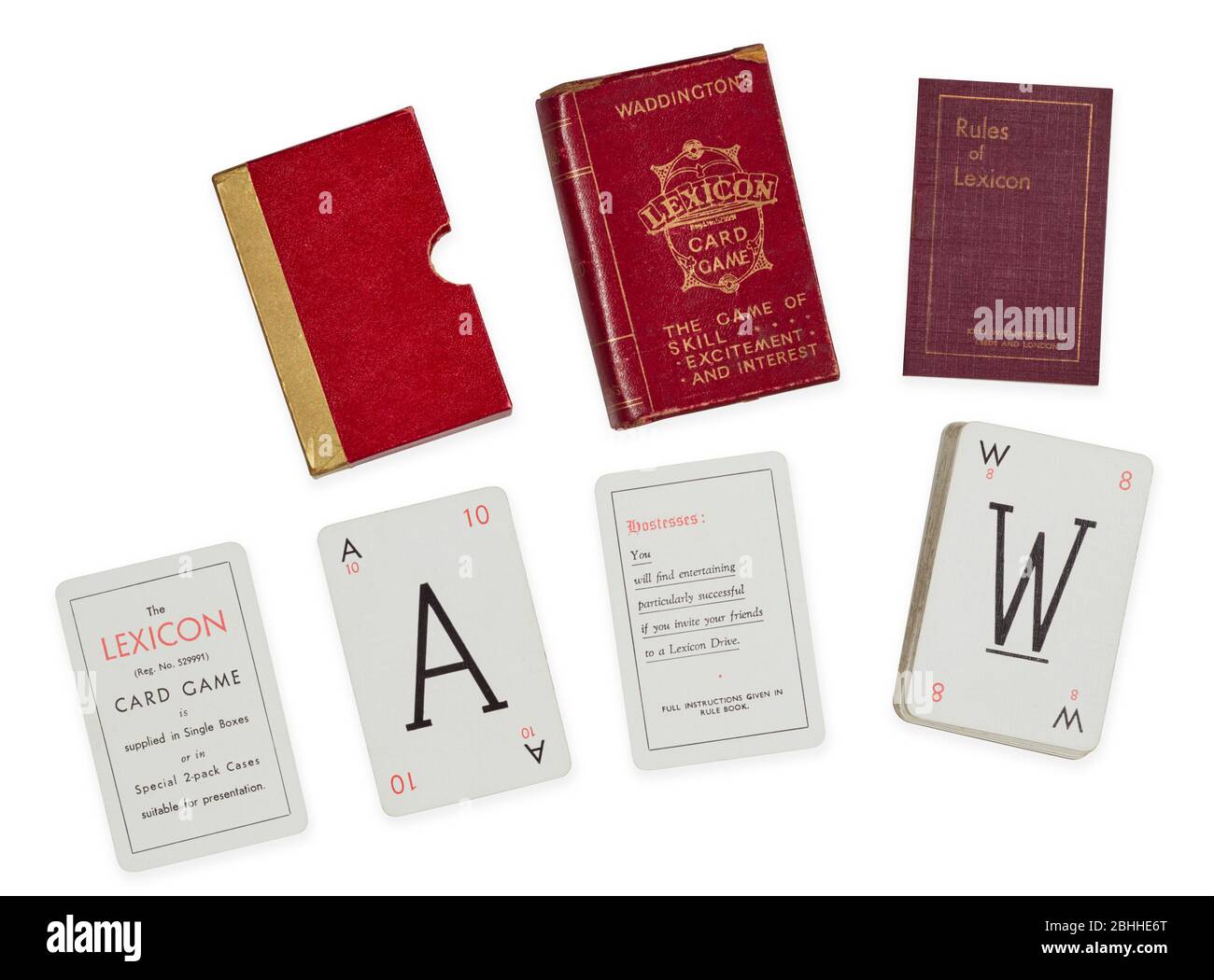 Das beliebte Spiel Lexicon aus den 1930er Jahren mit Regelbuch, Schuber und Karten Stockfoto