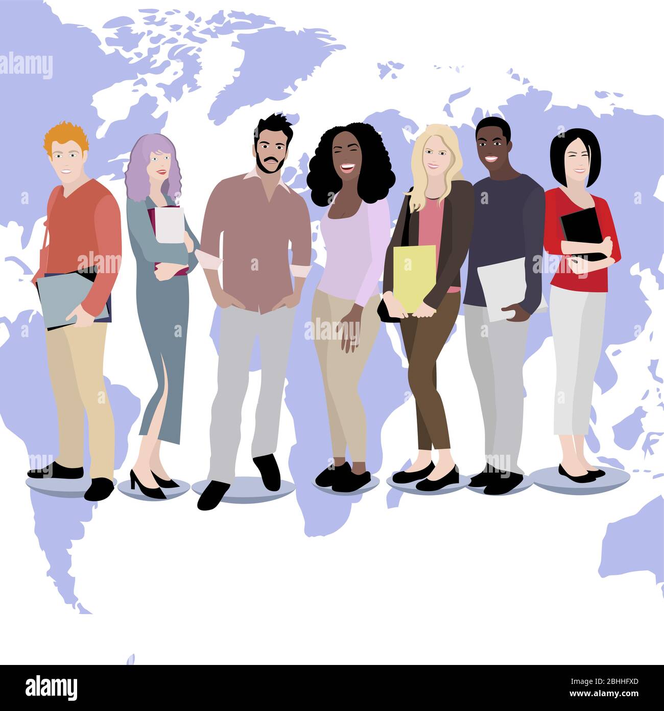 Internationale Studenten Junge und Mädchen auf Weltkarte Hintergrund. Multikulturelle Menschen begrüßen und begrüßen, afrikanischen und amerikanischen Teenager mit Buch illustrati Stock Vektor