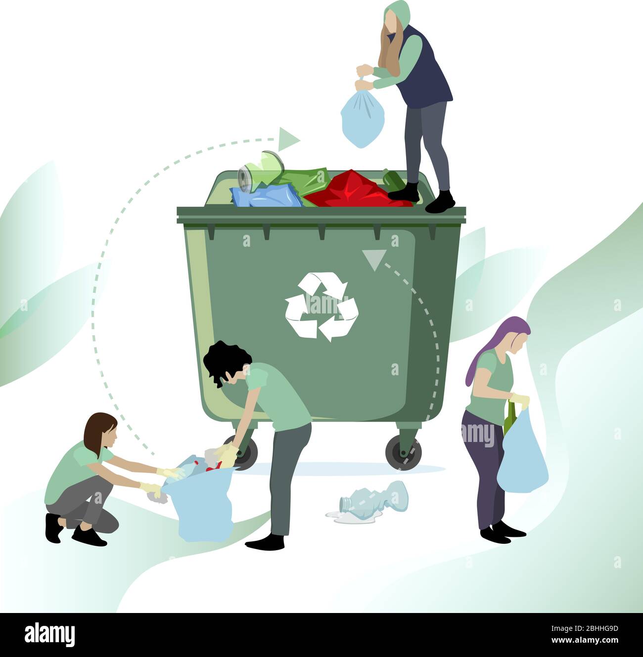 Menschen sammeln und recyceln Müll. Vector Recycling Abfall Kunststoff, Illustration der Ökologie Reinigung, ehrenamtliche werfen und sammeln Müll Stock Vektor