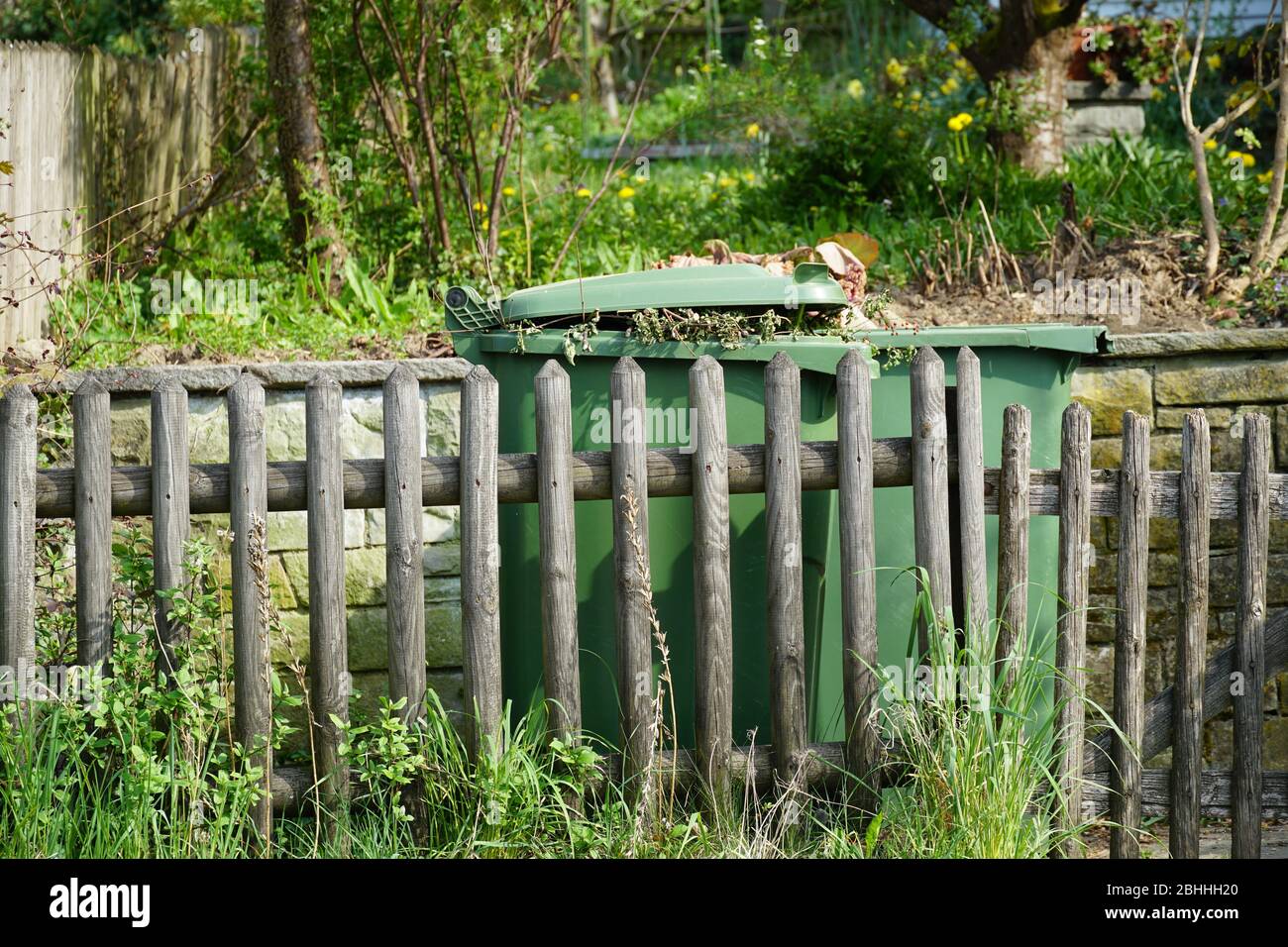 Zwei Kunststoffbehälter für Bioabfälle in einem Garten, leicht offene  Abdeckung zeigt Unkraut zur Kompostierung. Die Container stehen hinter  einem Zaun aus Planke Stockfotografie - Alamy